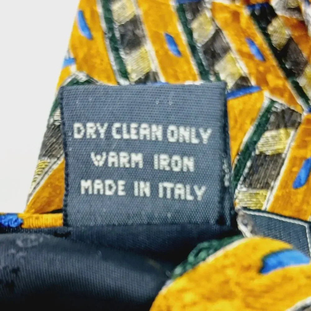 Ermenegildo Zegna Italy 100% Silk Tie Mustard Yellow Blue Green Black Geo Print